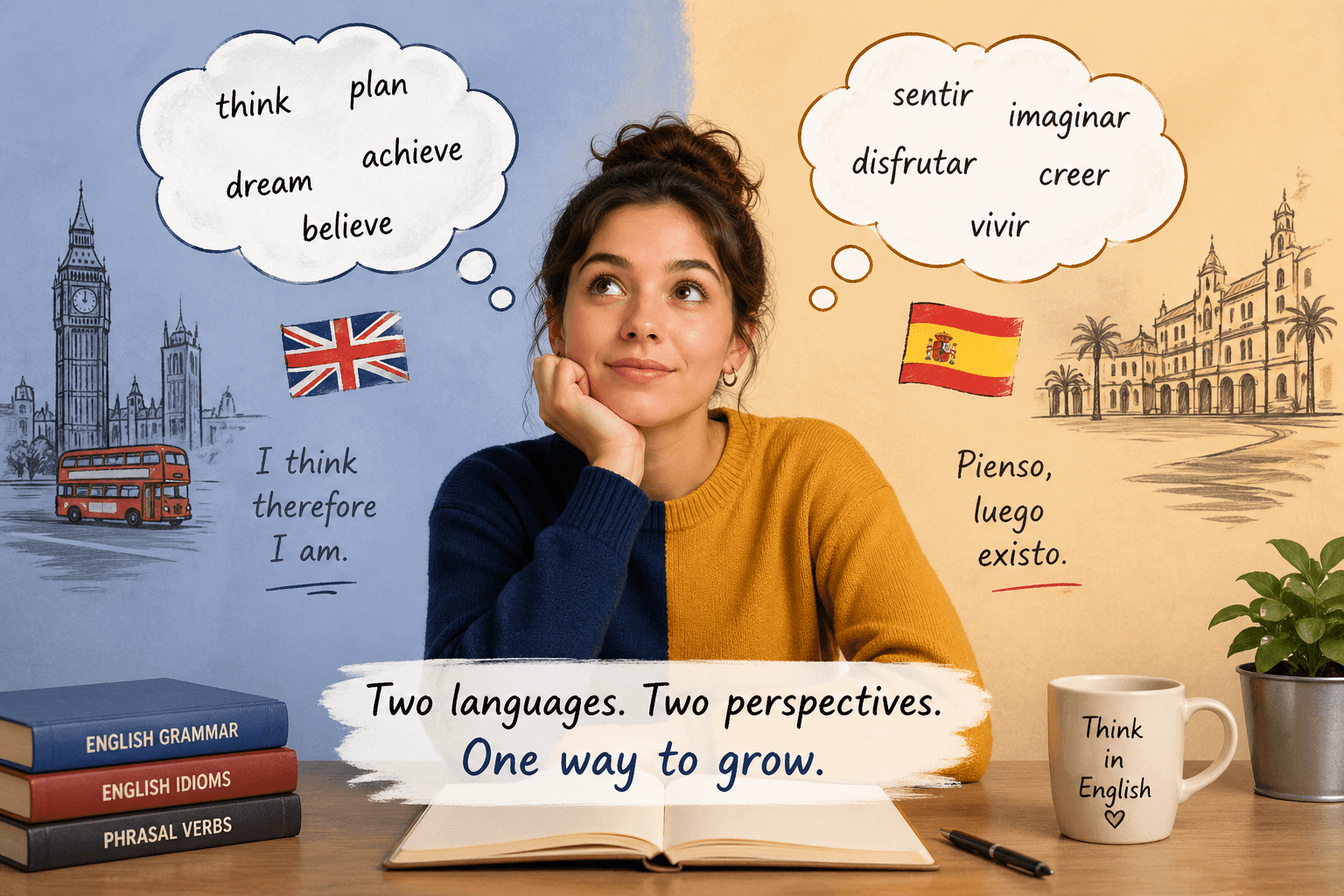 Bilingual student thinking in English and Spanish with split background, illustrating different ways of thinking in each language